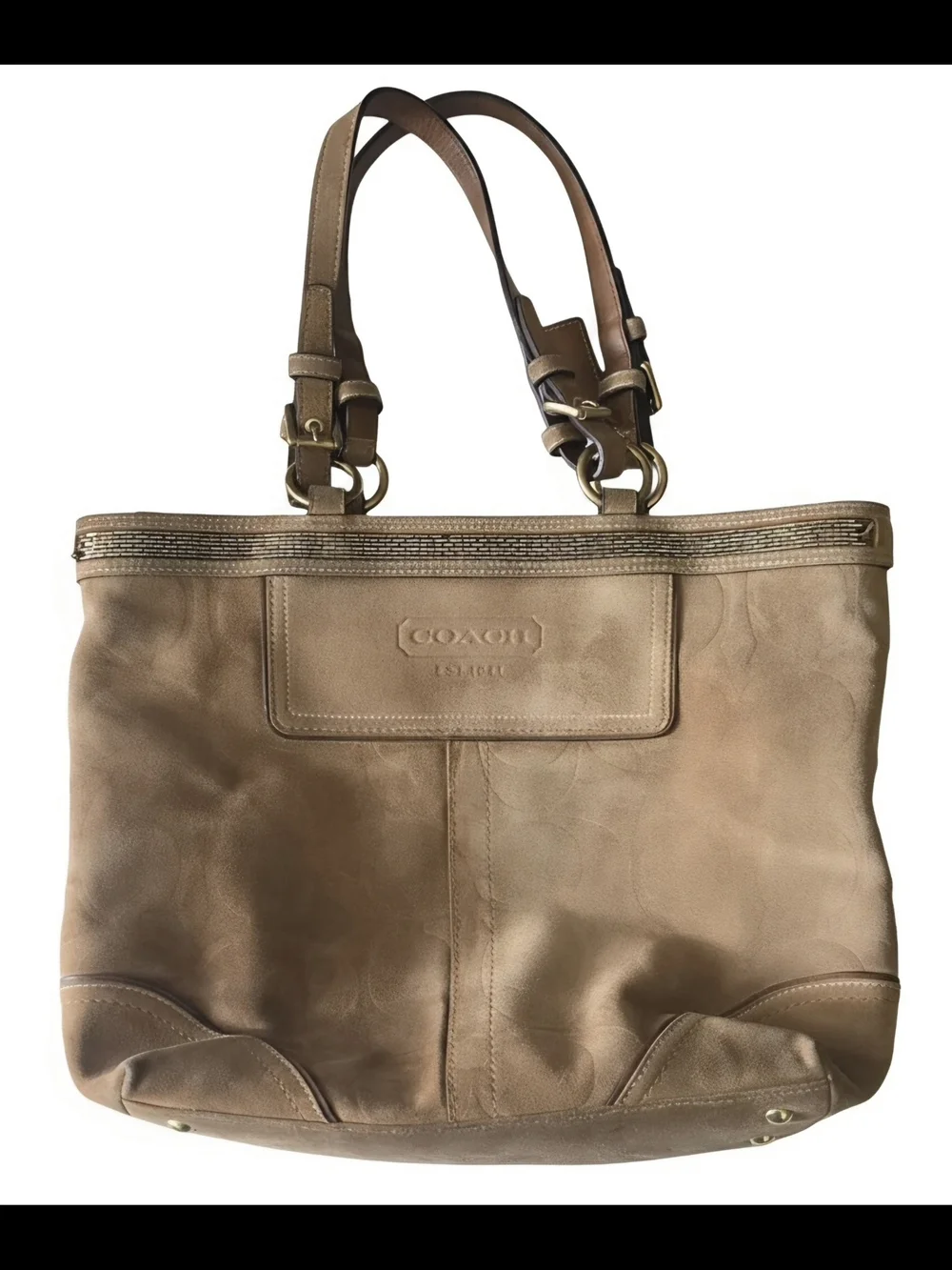 Coach Hampton Beaded Suede Tote Bag Tan/Beige Monogram